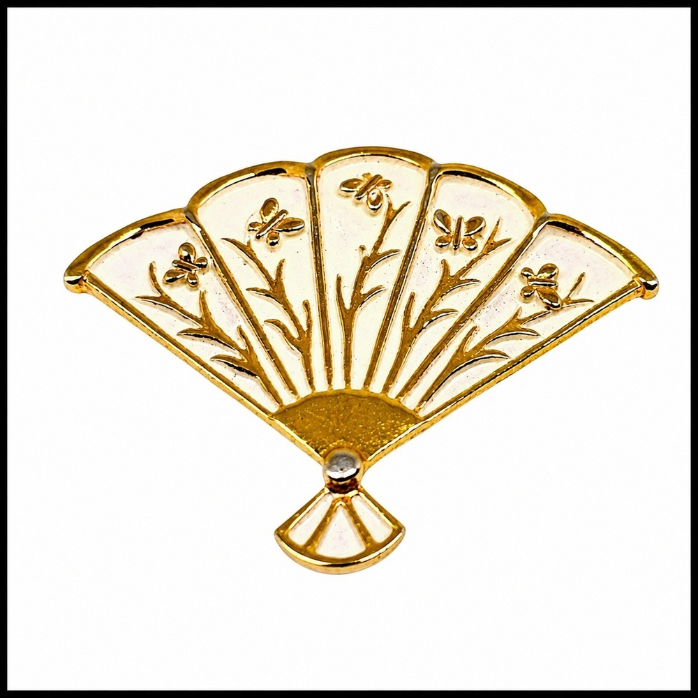 Vintage‎ Brooch Pin Signed RNK Fan White Floral Gold Tone